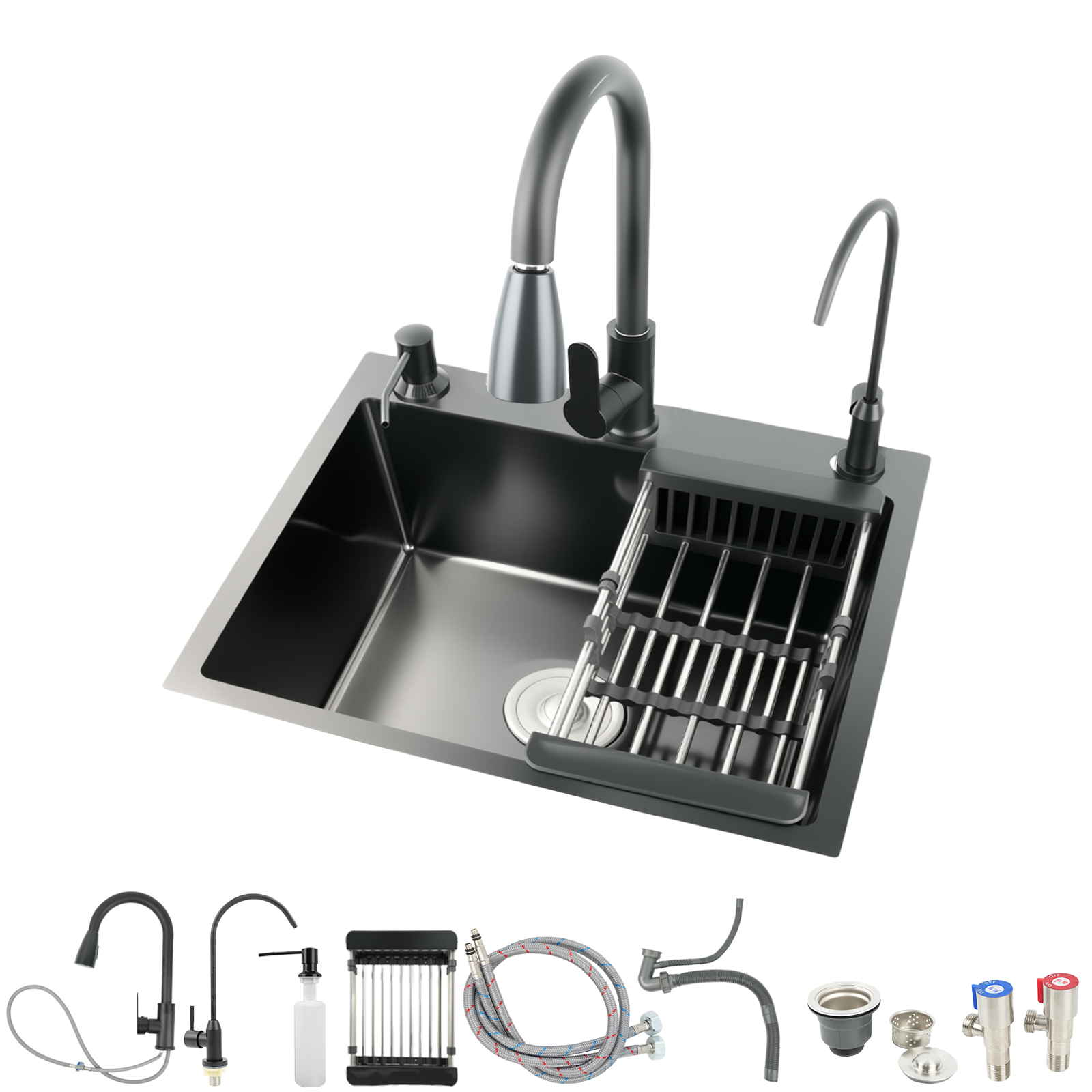 Maeklon 19.7x17.7in Kitchen Sink, T201 Stainless Steel Kitchen Basin with Pull-Down Faucet, In/Topmount Single Bowl Workstation withMultiple Accessories for Modern Kitchens, Farmhouse Workstation, Black