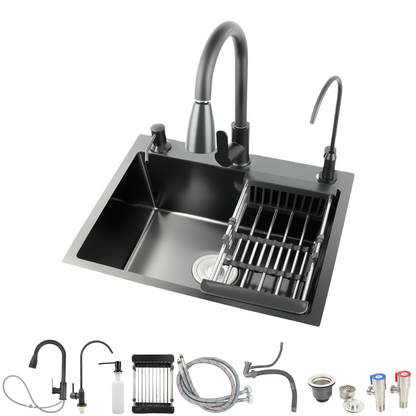 Maeklon 19.7x17.7in Kitchen Sink, T201 Stainless Steel Kitchen Basin with Pull-Down Faucet, In/Topmount Single Bowl Workstation withMultiple Accessories for Modern Kitchens, Farmhouse Workstation, Black
