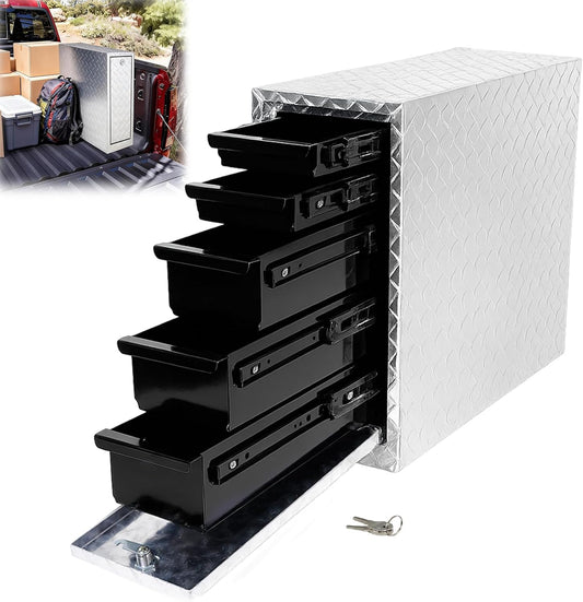 Maeklon Truck Bed Tool Box with 5-Drawer Slides, Heavy Wall Aluminum Truck Bed Tool Box, Lockable Tool Chest Storage for Pickup, Jobsite and Side Trucks, Silver