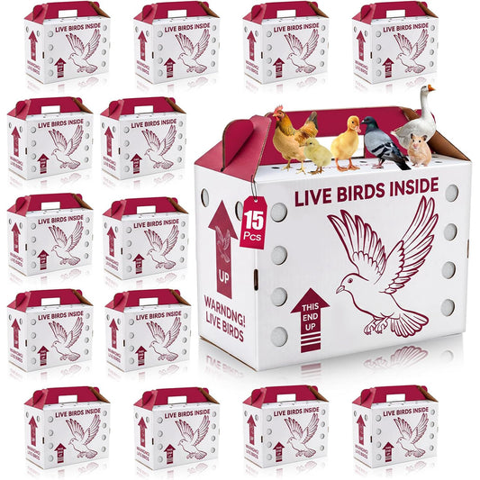 Maeklon 15 Pack Live Chicken Shipping Boxes, 17.5" x 8.5" x 15" Poultry Box | Vented Corrugated Cardboard Transport Boxes with Air Holes, Bottom Board Support and Vent Film for Poultry Shipping