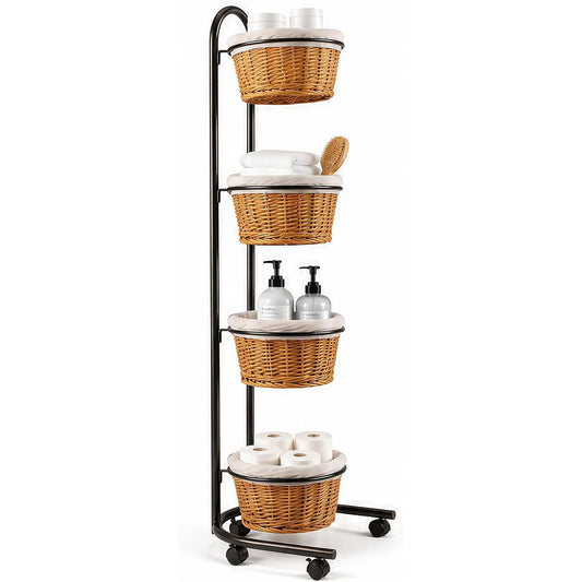 Maeklon 4 Tier Retail Display Stand with Baskets and Wheels, Floor Display Rack | Multi Tier Display Rack with Storage Baskets, 16.5" x 16" x 57.4" Produce Display Stand for Retail, Market and Home Use