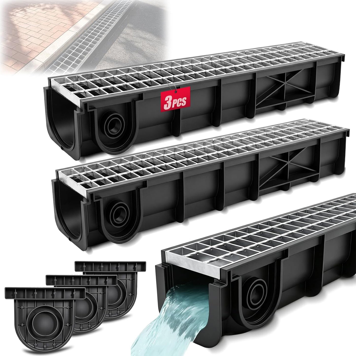 Maeklon 3 Pack 39.8 Inch Trench Drain Channel with Galvanized Steel Grate | 339.8"L x 6.1"W x 5.6"H Heavy Duty Linear Drainage Channel for Driveway, Patio, Garage and Landscape Water Drainage