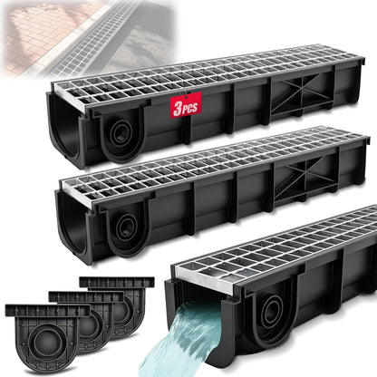 Maeklon 3 Pack 39.8 Inch Trench Drain Channel with Galvanized Steel Grate | 339.8"L x 6.1"W x 5.6"H Heavy Duty Linear Drainage Channel for Driveway, Patio, Garage and Landscape Water Drainage