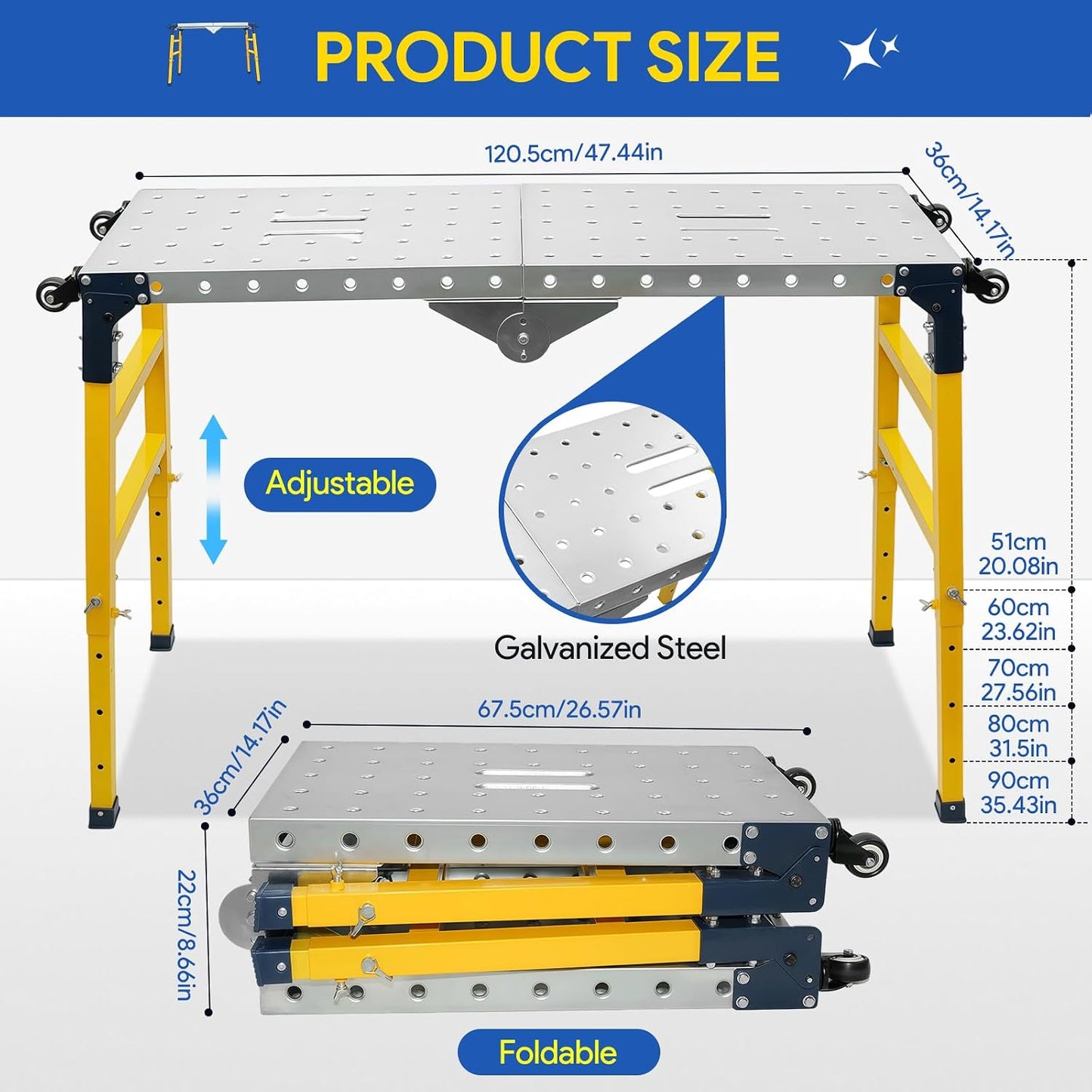 Scaffolding Work Platform with Wheels 47 x 14 in,1100 lb | Adjustable 20–35 In Height with Foldable Galvanize Steel Scaffold Platform For Painting, Construction, Maintenance