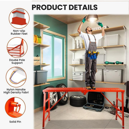 Maeklon Foldable Scaffolding Platform, 70.8x15.2x36.2-62 Inch Welded Steel Work Platform, 770 Lbs Capacity, Adjustable Height Industrial Step Ladders, Ideal for Painting, Wiring and Home Decor, Red