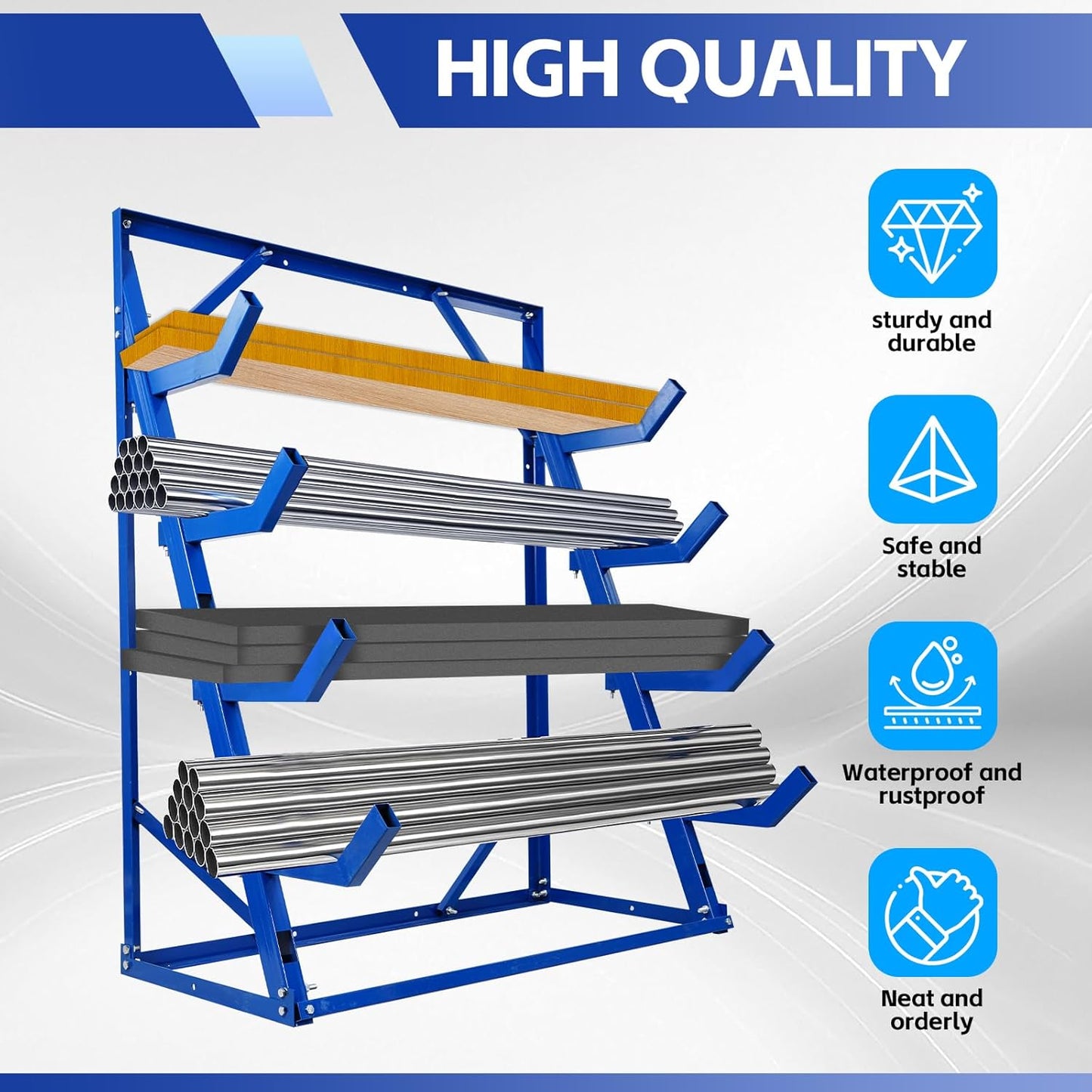 Maeklon Industrial Steel 4 Tier Horizontal Lumber Storage Rack, 2000lbs Load Capacity, Heavy Duty Lumber Storage Rack, Adjustable Utility Cantilever Rack for Garage, Workshop and Shed