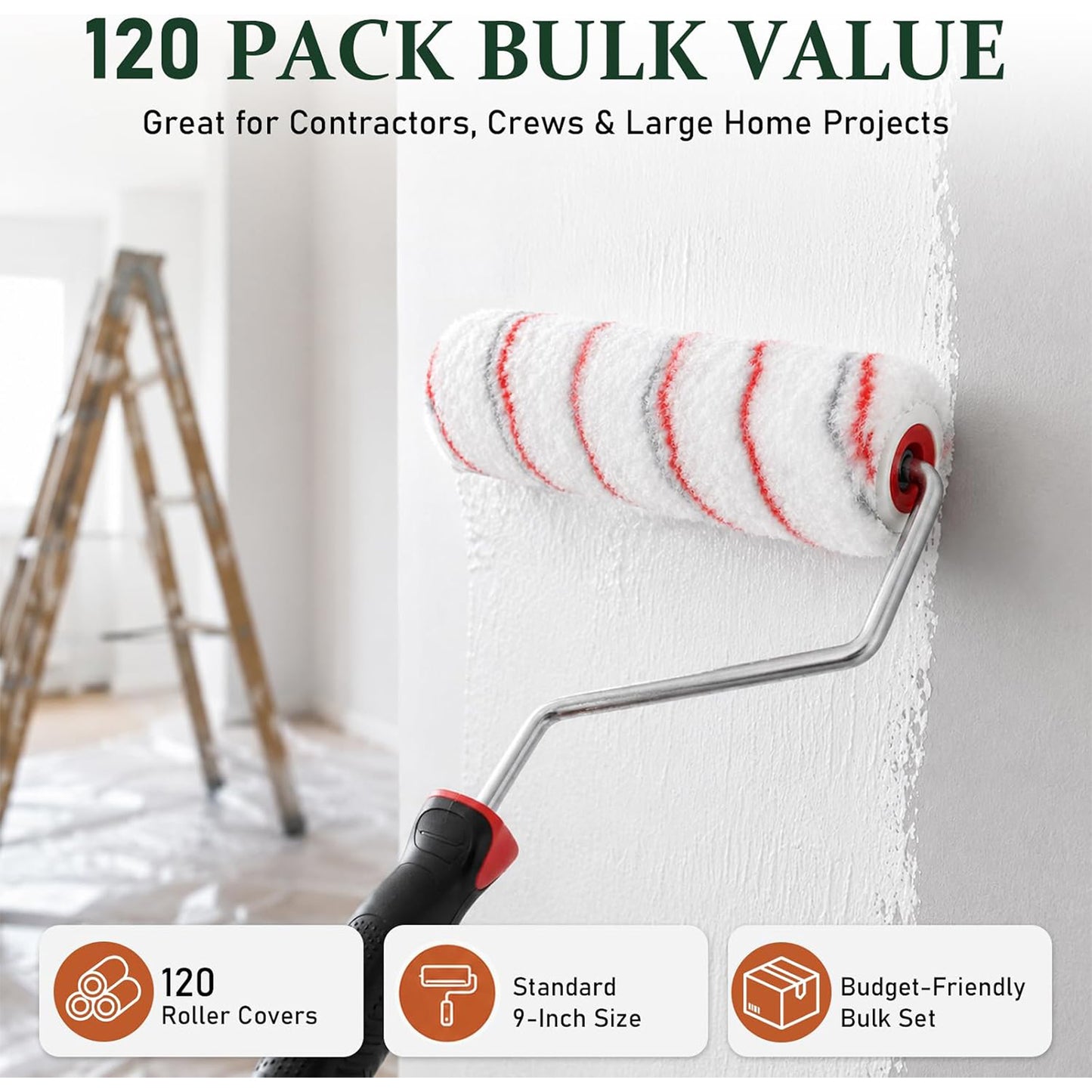 Maeklon 120 Pcs 9 Inch Paint Roller Covers, 1/2" Nap Nap Polyester Roller Refills | Red Gray Stripe Polyester Paint Roller Covers with 13mm Nap, Bulk Refills for Wall Painting, Interior and DIY Projects