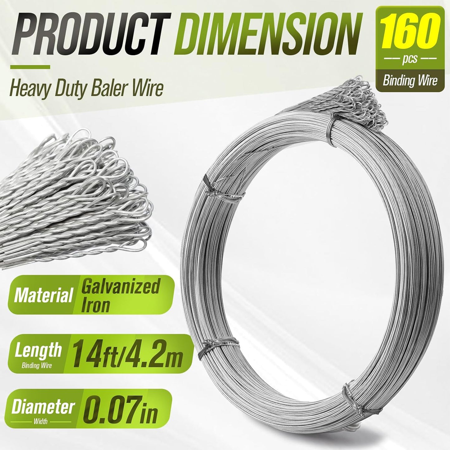 Maeklon 14 Gauge Bale Wire, 14 Ft Galvanized Steel Baling Wire for Manual Baler | 160 Pack 14 Ft Bale Wire for Vertical and Horizontal Baler, Cardboard Recycling and Waste Bundling