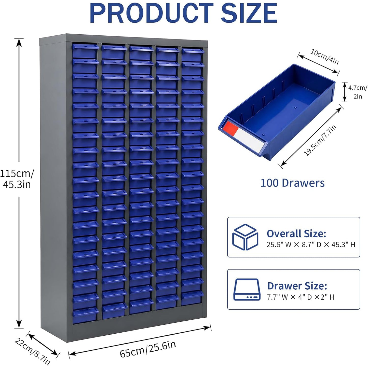 100 Drawer Parts Cabinet, Bolt and Nut Tool Storage Organizer | 25.6"x8.7"x45.3" Multi-Drawer Hardware Organizer for Screws, Fasteners and Small Parts in Garages, Workshops and Workbench