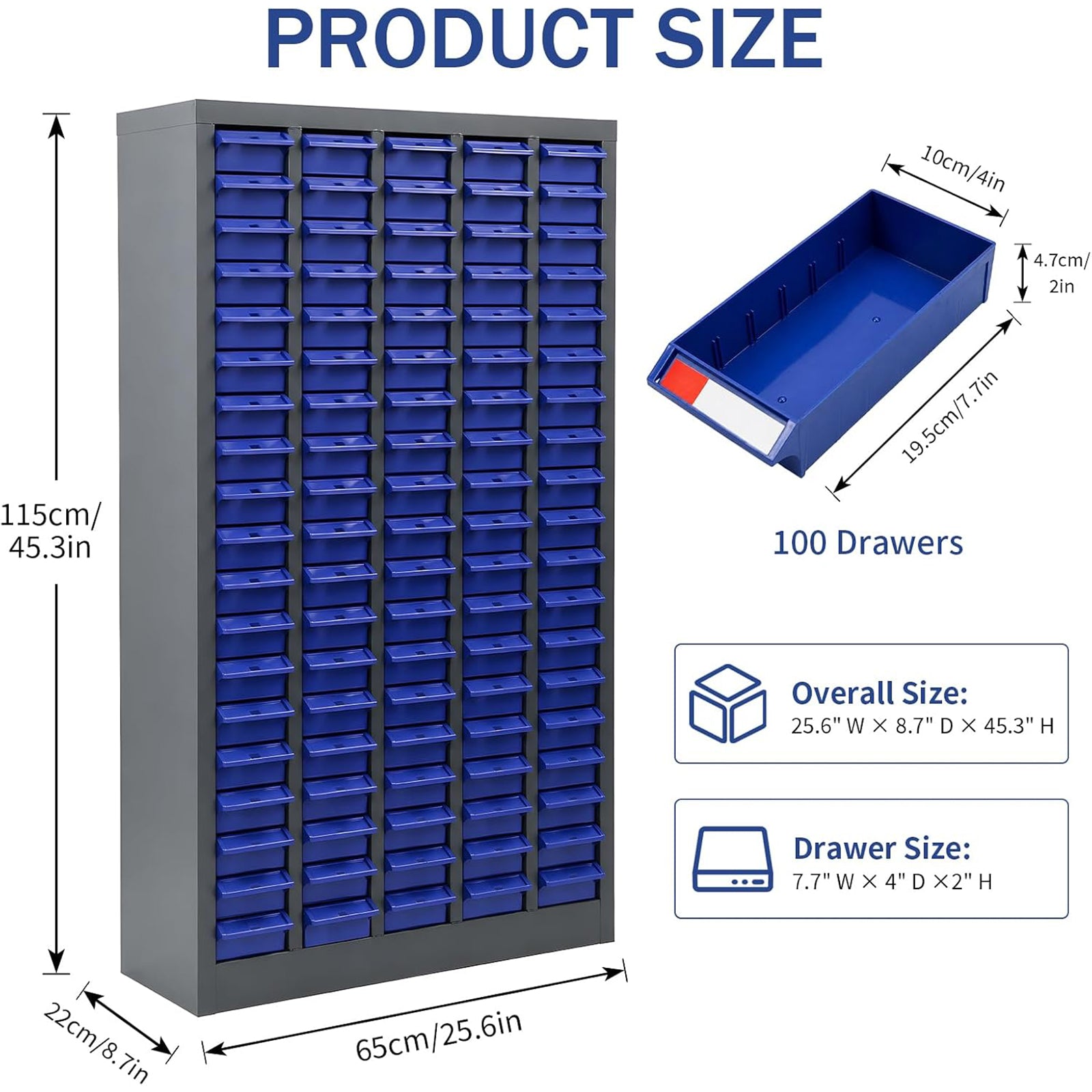100 Drawer Parts Cabinet, Bolt and Nut Tool Storage Organizer | 25.6"x8.7"x45.3" Multi-Drawer Hardware Organizer for Screws, Fasteners and Small Parts in Garages, Workshops and Workbench