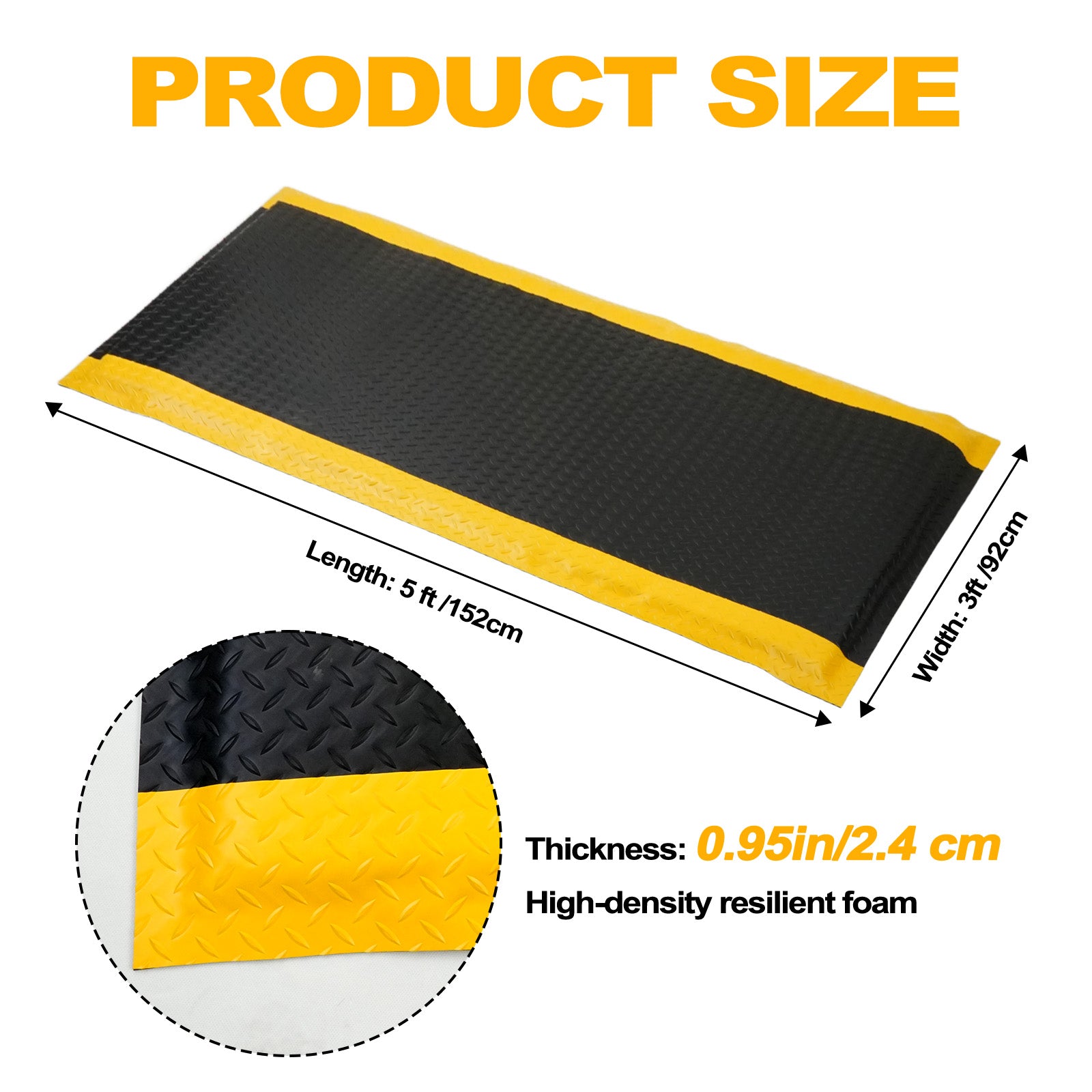 Maeklon 3 FT x 5 FT Anti Fatigue Mat, 15/16 Inch Thick Soft Sponge Ergonomic Mat, Non-Slip Industrial Grade Floor Mat, Easy to Clean, for Kitchen, Garage, Work, Shop, Black with Yellow Border