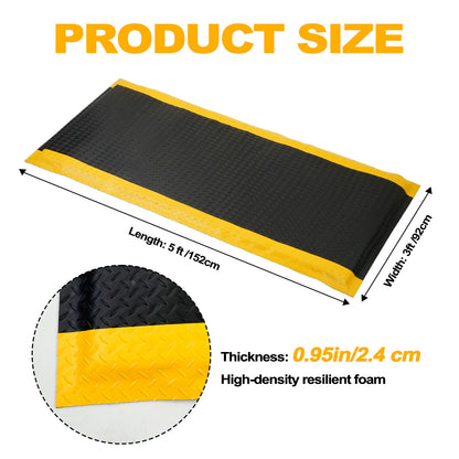 Maeklon 3 FT x 5 FT Anti Fatigue Mat, 15/16 Inch Thick Soft Sponge Ergonomic Mat, Non-Slip Industrial Grade Floor Mat, Easy to Clean, for Kitchen, Garage, Work, Shop, Black with Yellow Border