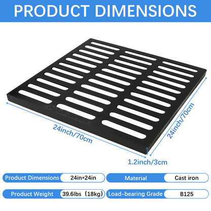 Maeklon 24x24 in Cast Iron Drain Grate, 27557 lbs Heavy-Duty Driveway Channel Cover, Durable Metal Square Sewer Grate for Driveway, Concrete, Garage, Black Finish
