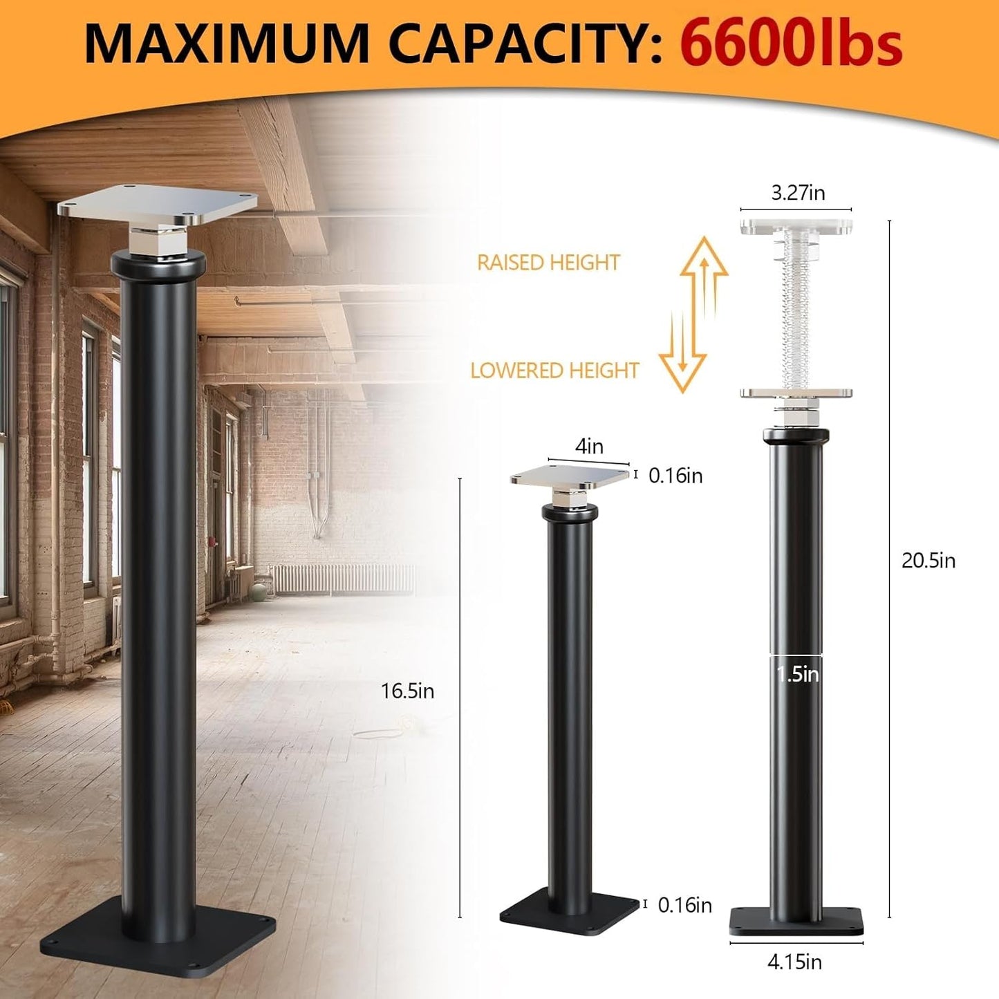 Maeklon 8 Pack Adjustable House Floor Jacks, Post Floor Jack for Leveling, 16.5-20.5 Inch Height Range, Screw Jacks for Basement, Porches, Roof Beams and Decks, 6,600 Lbs Capacity