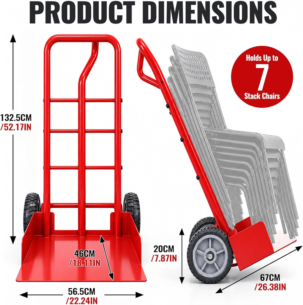 Maeklon 52'' x 22'' x 26'' Rolling Chair Transport Dolly, 7 Chair Capacity Cart, Carbon Steel Folding Chair Cart for Stacking Chairs, Portable Rolling Carrier for Events, Offices, Schools and Storage