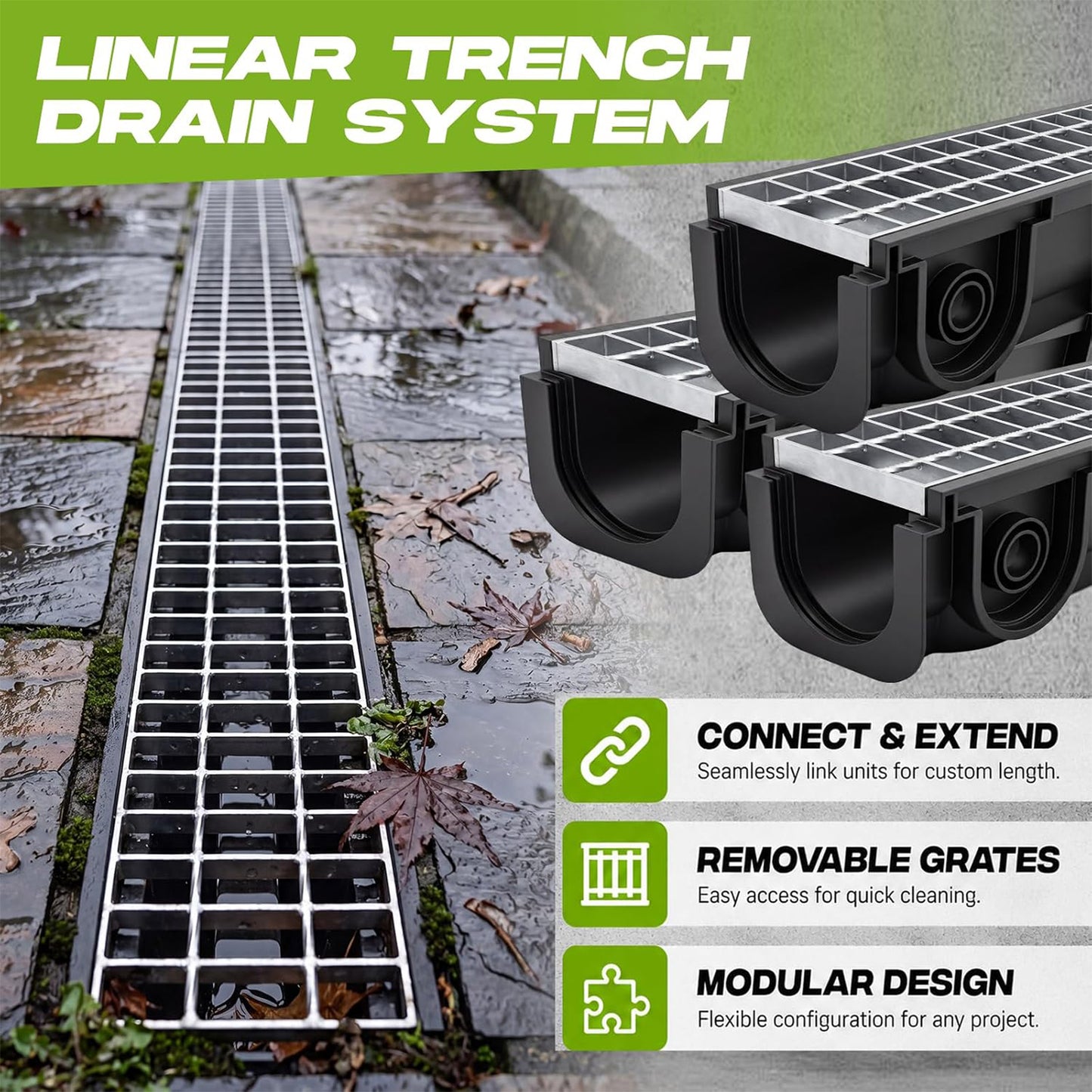 Maeklon 3 Pack 39.8 Inch Trench Drain Channel with Galvanized Steel Grate | 339.8"L x 6.1"W x 5.6"H Heavy Duty Linear Drainage Channel for Driveway, Patio, Garage and Landscape Water Drainage