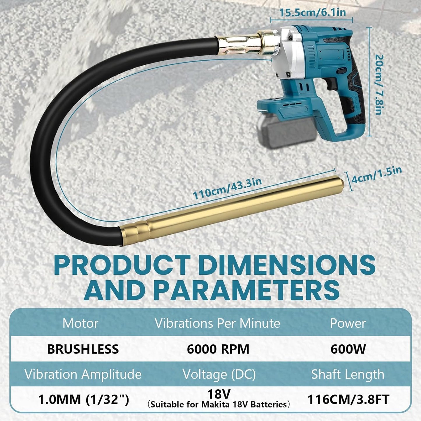 Maeklon Handheld Concrete Vibrating Tool Compatible with Makita 18V Battery, 600W Mix Concrete Tool with 3.8Ft Rod, 6000RPM Portable Vibrarator Remove Bubble, Only Tool