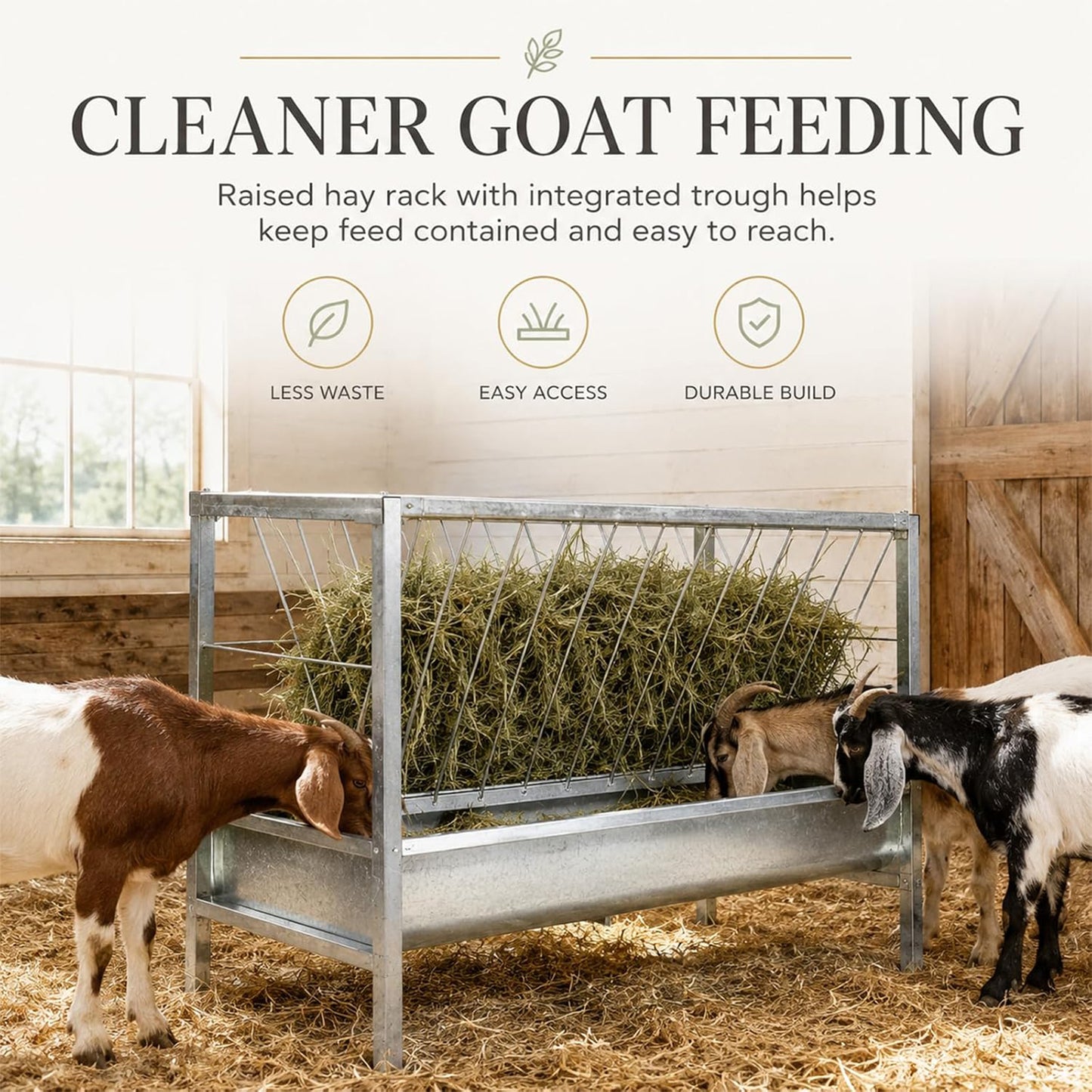 Maeklon 94 Gallon Livestock Hay Feeder, Large Capacity Outdoor Feed Storage Bin | 63" x 27.2" x 36.2" outdoor feeder with spacious hay storage for goats, horses, sheep and other livestock.