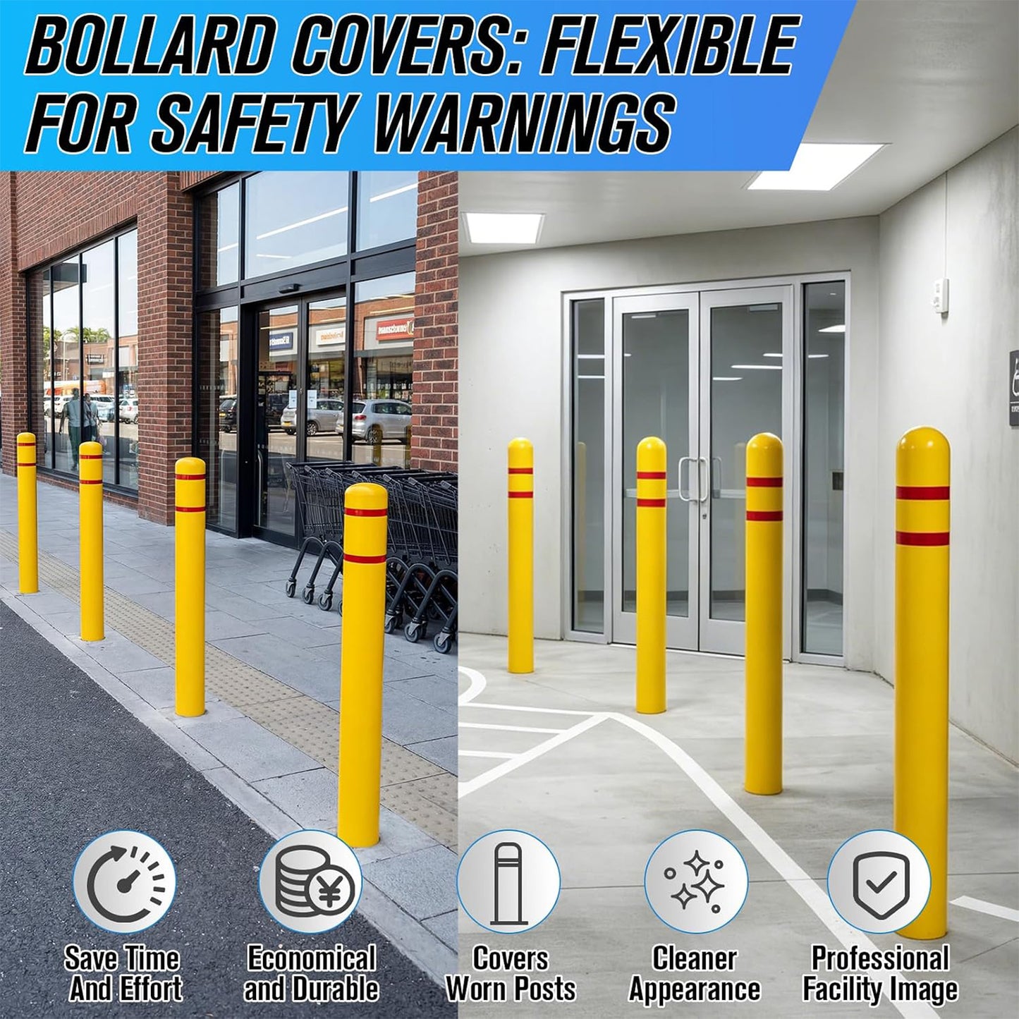Maeklon Bollard Cover 5"x52" Yellow Safety Sleeve for Parking Posts | High Visibility Yellow Bollard Sleeve with Foam Padding Strips, Fits 5 Inch Posts for Parking Lots, Garages and Traffic Areas
