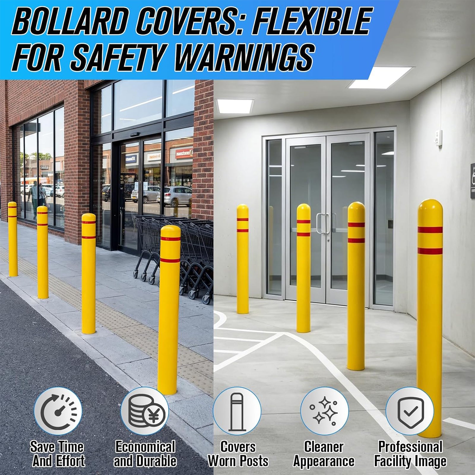 Maeklon Bollard Cover 5"x52" Yellow Safety Sleeve for Parking Posts | High Visibility Yellow Bollard Sleeve with Foam Padding Strips, Fits 5 Inch Posts for Parking Lots, Garages and Traffic Areas