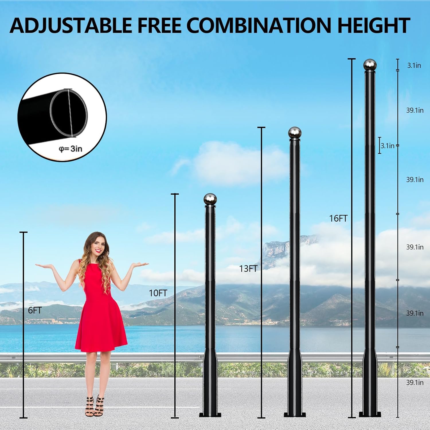 Maeklon 16 Ft Tall Street Light Pole, Outdoor Adjustable Stainless Steel Street Llight Pole,Street Light Installation Pole with Mounting Rebar Cage Base Accessory, for Parking Lot, Walkway (Black)