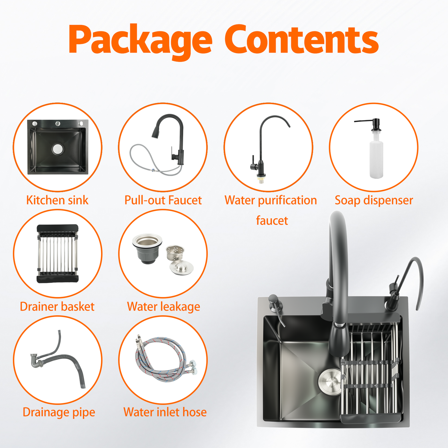 Maeklon 19.7x17.7in Kitchen Sink, T201 Stainless Steel Kitchen Basin with Pull-Down Faucet, In/Topmount Single Bowl Workstation withMultiple Accessories for Modern Kitchens, Farmhouse Workstation, Black