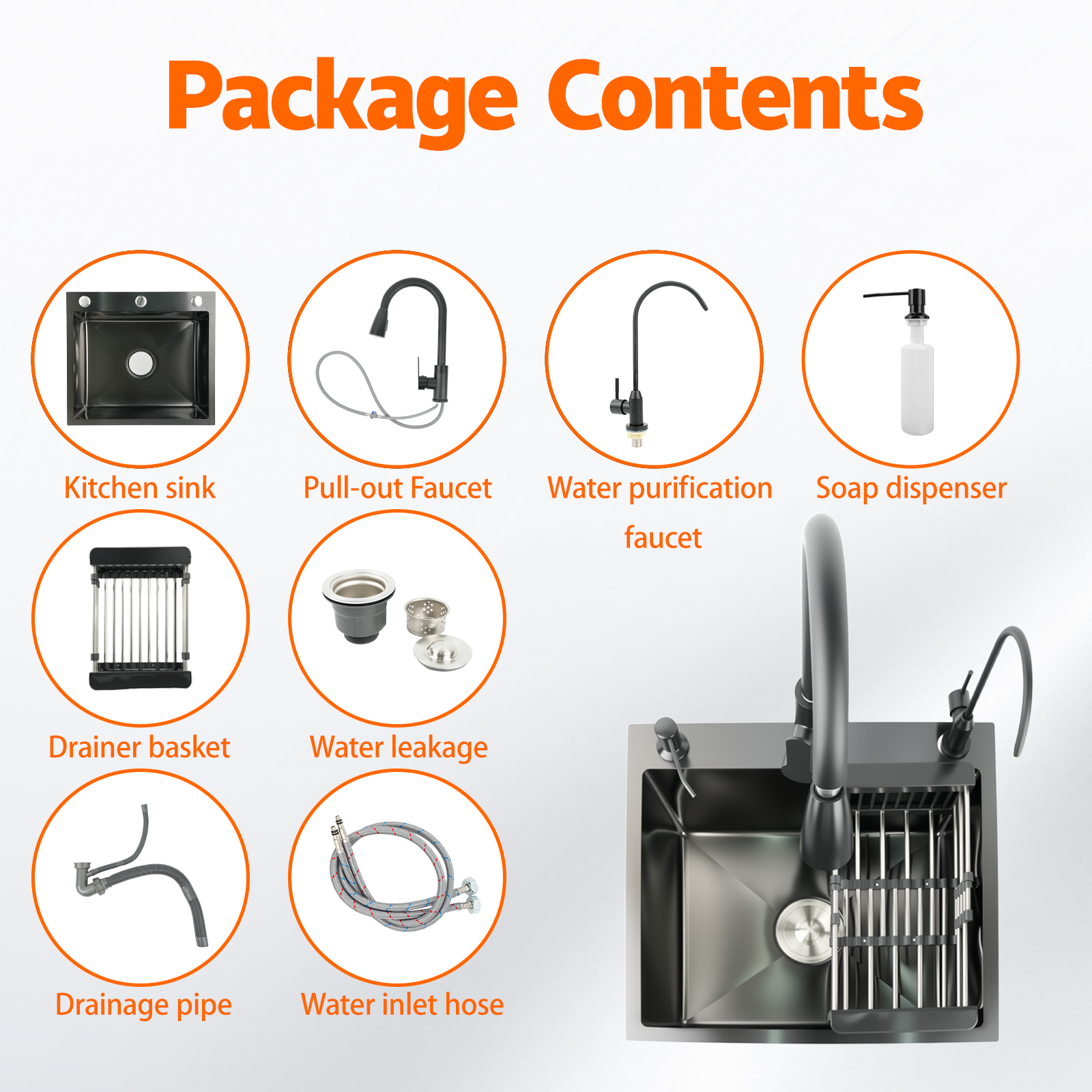 Maeklon 19.7x17.7in Kitchen Sink, T201 Stainless Steel Kitchen Basin with Pull-Down Faucet, In/Topmount Single Bowl Workstation withMultiple Accessories for Modern Kitchens, Farmhouse Workstation, Black