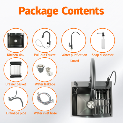 Maeklon 19.7x17.7in Kitchen Sink, T201 Stainless Steel Kitchen Basin with Pull-Down Faucet, In/Topmount Single Bowl Workstation withMultiple Accessories for Modern Kitchens, Farmhouse Workstation, Black