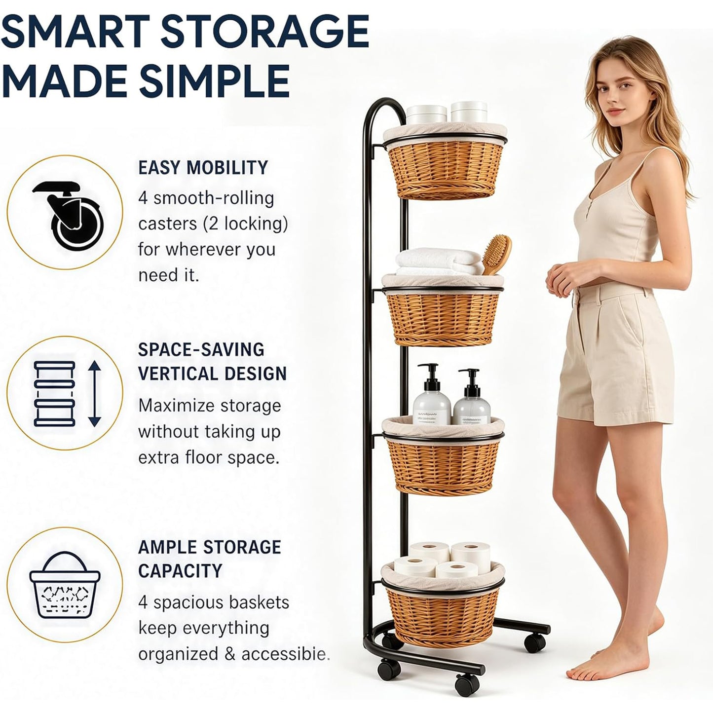 Maeklon 4 Tier Retail Display Stand with Baskets and Wheels, Floor Display Rack | Multi Tier Display Rack with Storage Baskets, 16.5" x 16" x 57.4" Produce Display Stand for Retail, Market and Home Use