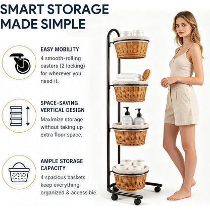 Maeklon 4 Tier Retail Display Stand with Baskets and Wheels, Floor Display Rack | Multi Tier Display Rack with Storage Baskets, 16.5" x 16" x 57.4" Produce Display Stand for Retail, Market and Home Use