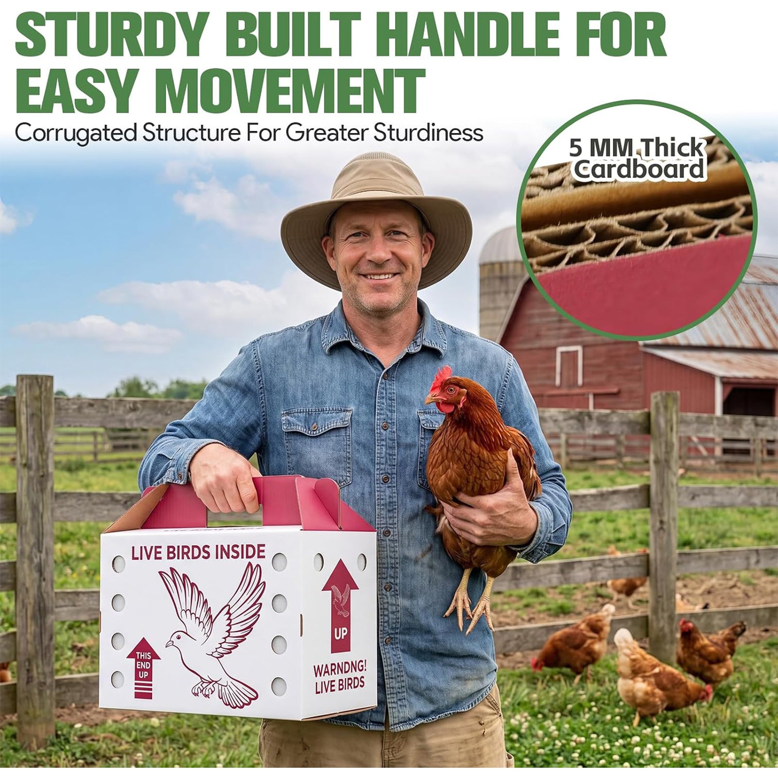 Maeklon 15 Pack Live Chicken Shipping Boxes, 17.5" x 8.5" x 15" Poultry Box | Vented Corrugated Cardboard Transport Boxes with Air Holes, Bottom Board Support and Vent Film for Poultry Shipping