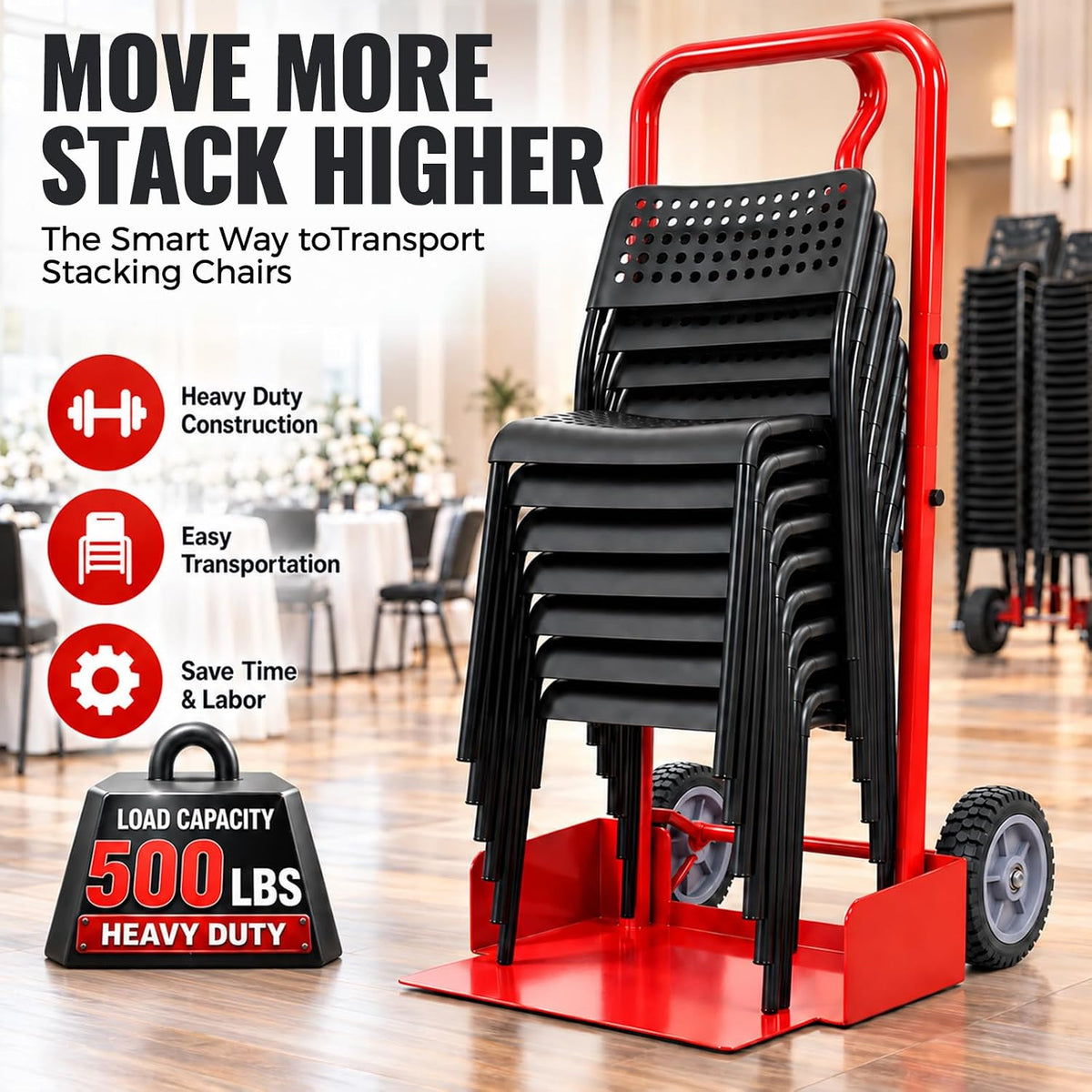 Maeklon 52'' x 22'' x 26'' Rolling Chair Transport Dolly, 7 Chair Capacity Cart, Carbon Steel Folding Chair Cart for Stacking Chairs, Portable Rolling Carrier for Events, Offices, Schools and Storage