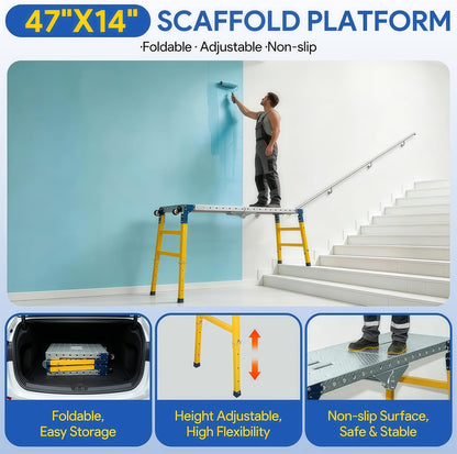 Scaffolding Work Platform with Wheels 47 x 14 in,1100 lb | Adjustable 20–35 In Height with Foldable Galvanize Steel Scaffold Platform For Painting, Construction, Maintenance
