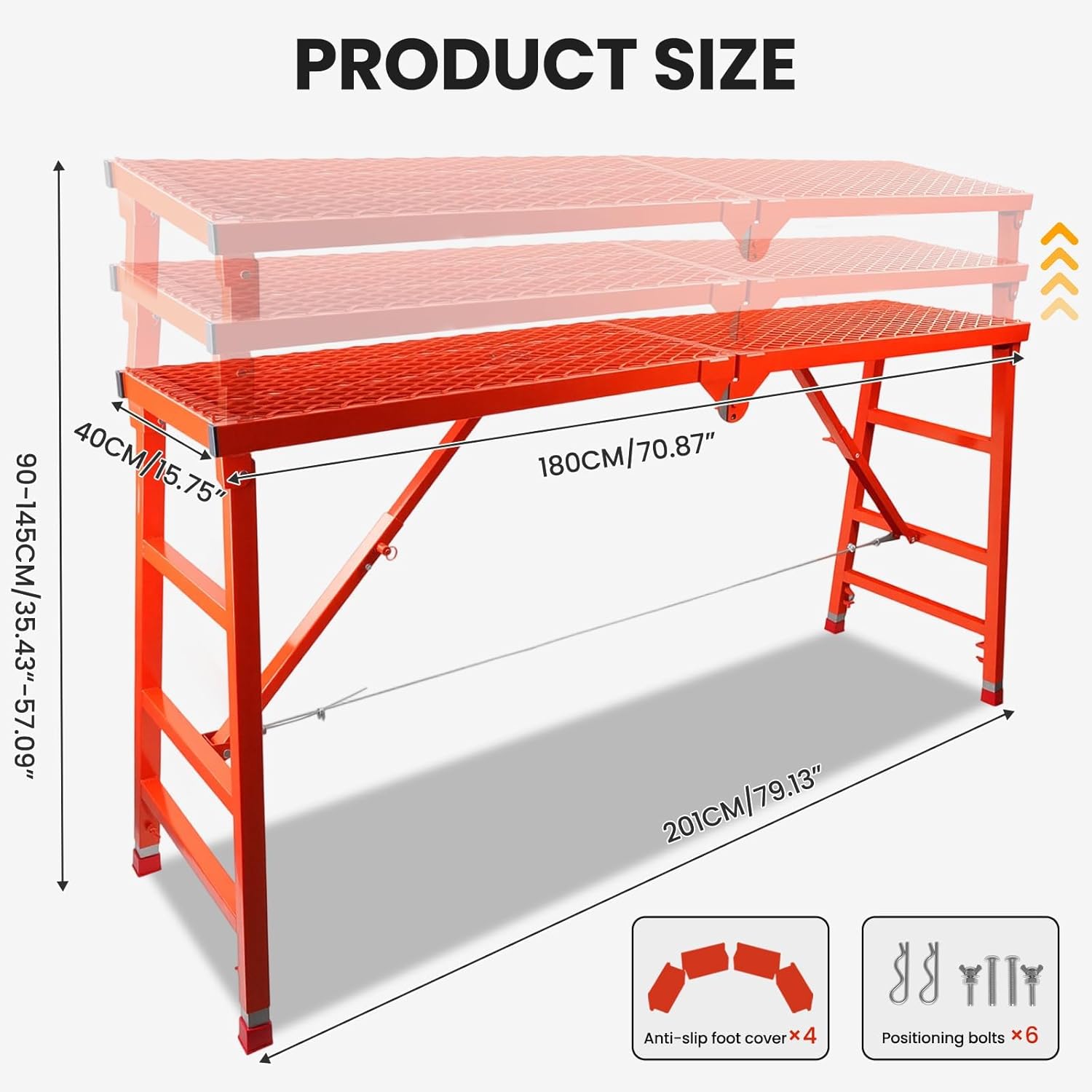 Maeklon Foldable Scaffolding Platform, 70.8x15.2x36.2-62 Inch Welded Steel Work Platform, 770 Lbs Capacity, Adjustable Height Industrial Step Ladders, Ideal for Painting, Wiring and Home Decor, Red