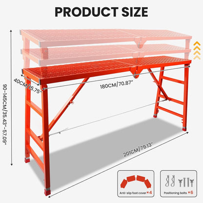 Maeklon Foldable Scaffolding Platform, 70.8x15.2x36.2-62 Inch Welded Steel Work Platform, 770 Lbs Capacity, Adjustable Height Industrial Step Ladders, Ideal for Painting, Wiring and Home Decor, Red