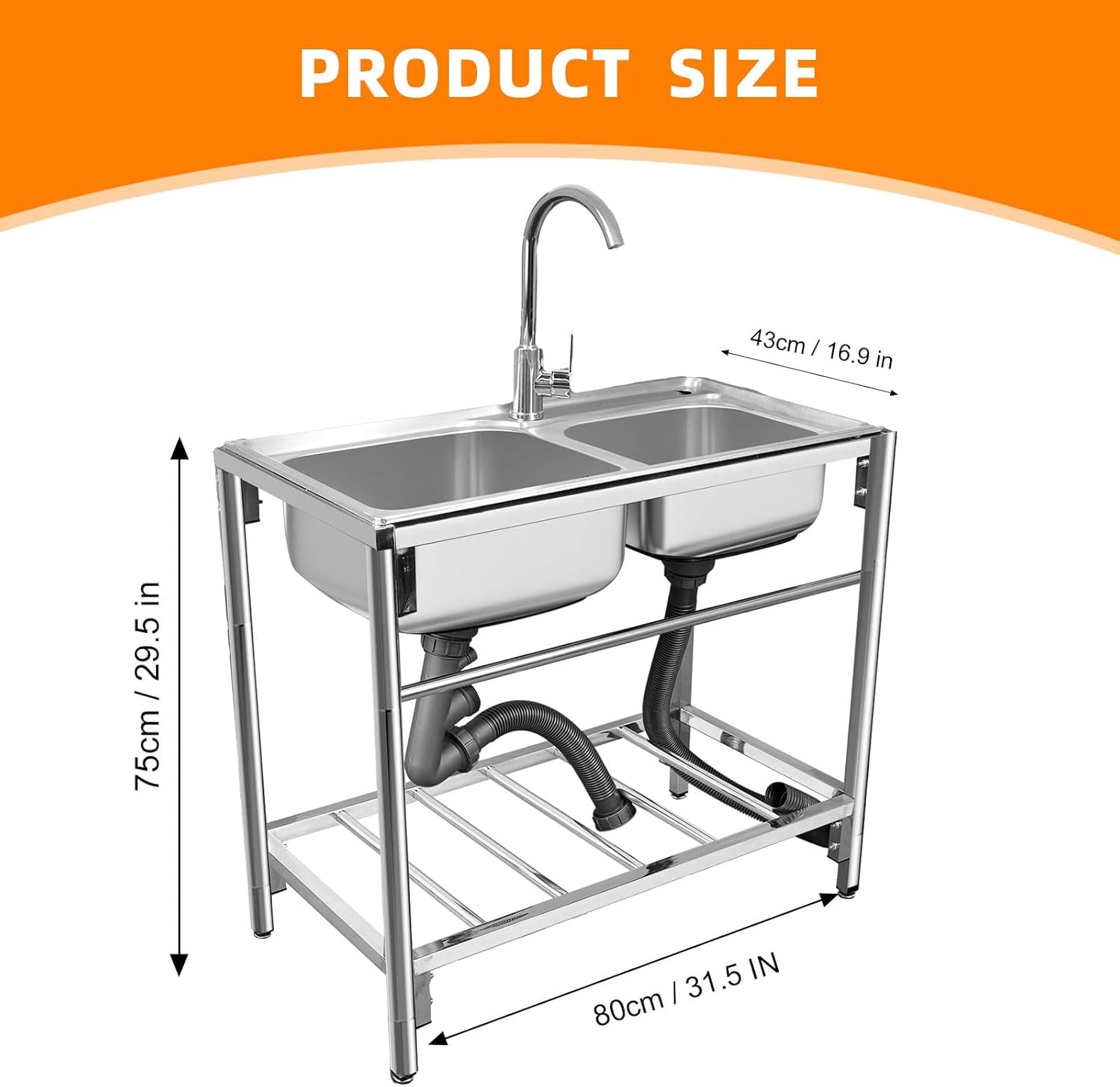 Maeklon Freestanding Double Bowl Sink, 31.5" x 16.9" x 29.5" Stainless Steel Kitchen Sink, Outdoor Utility Sink with Hot Cold Faucet, Ideal for Restaurant, Kitchen, Laundry, Garage