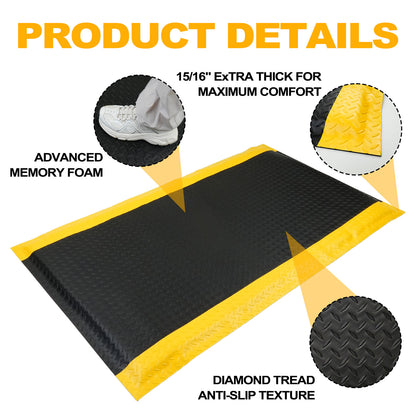 Maeklon 3 FT x 5 FT Anti Fatigue Mat, 15/16 Inch Thick Soft Sponge Ergonomic Mat, Non-Slip Industrial Grade Floor Mat, Easy to Clean, for Kitchen, Garage, Work, Shop, Black with Yellow Border