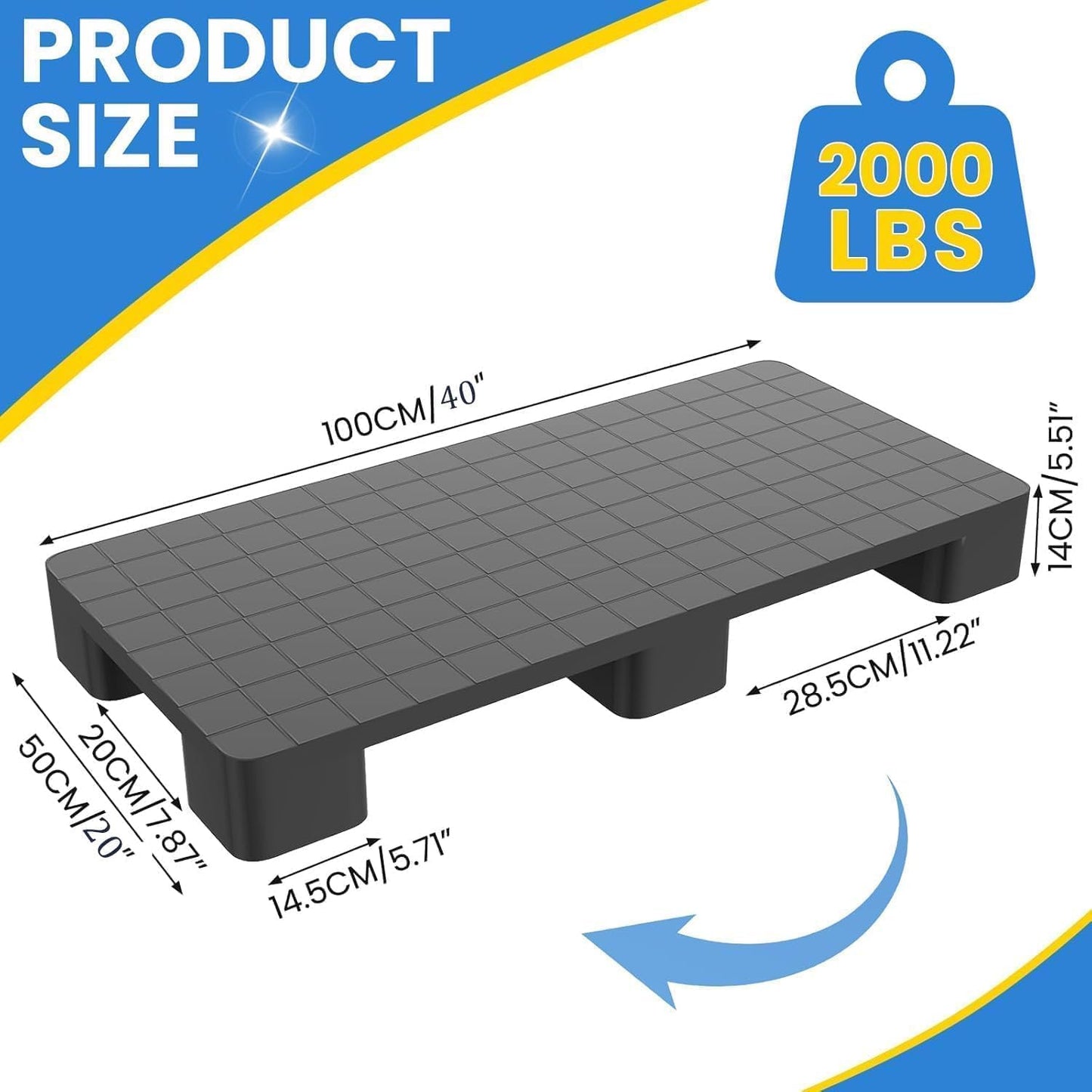 Maeklon 2 Pcs Plastic Storage Pallets, Stackable Lightweight Floor Pallets, 2000Lbs Capacity, Warehouse Stacking Pallets for Logistics and Warehousing, 40"L x 20"W x 5.5"H, Black