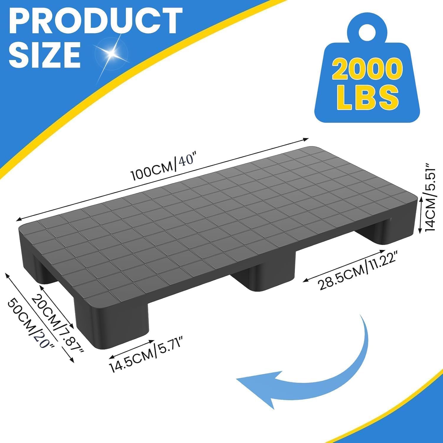 Maeklon 2 Pcs Plastic Storage Pallets, Stackable Lightweight Floor Pallets, 2000Lbs Capacity, Warehouse Stacking Pallets for Logistics and Warehousing, 40"L x 20"W x 5.5"H, Black