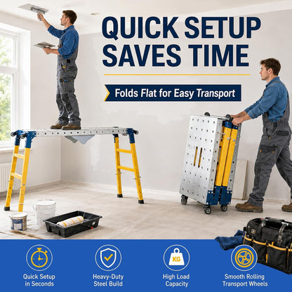Scaffolding Work Platform with Wheels 47 x 14 in,1100 lb | Adjustable 20–35 In Height with Foldable Galvanize Steel Scaffold Platform For Painting, Construction, Maintenance