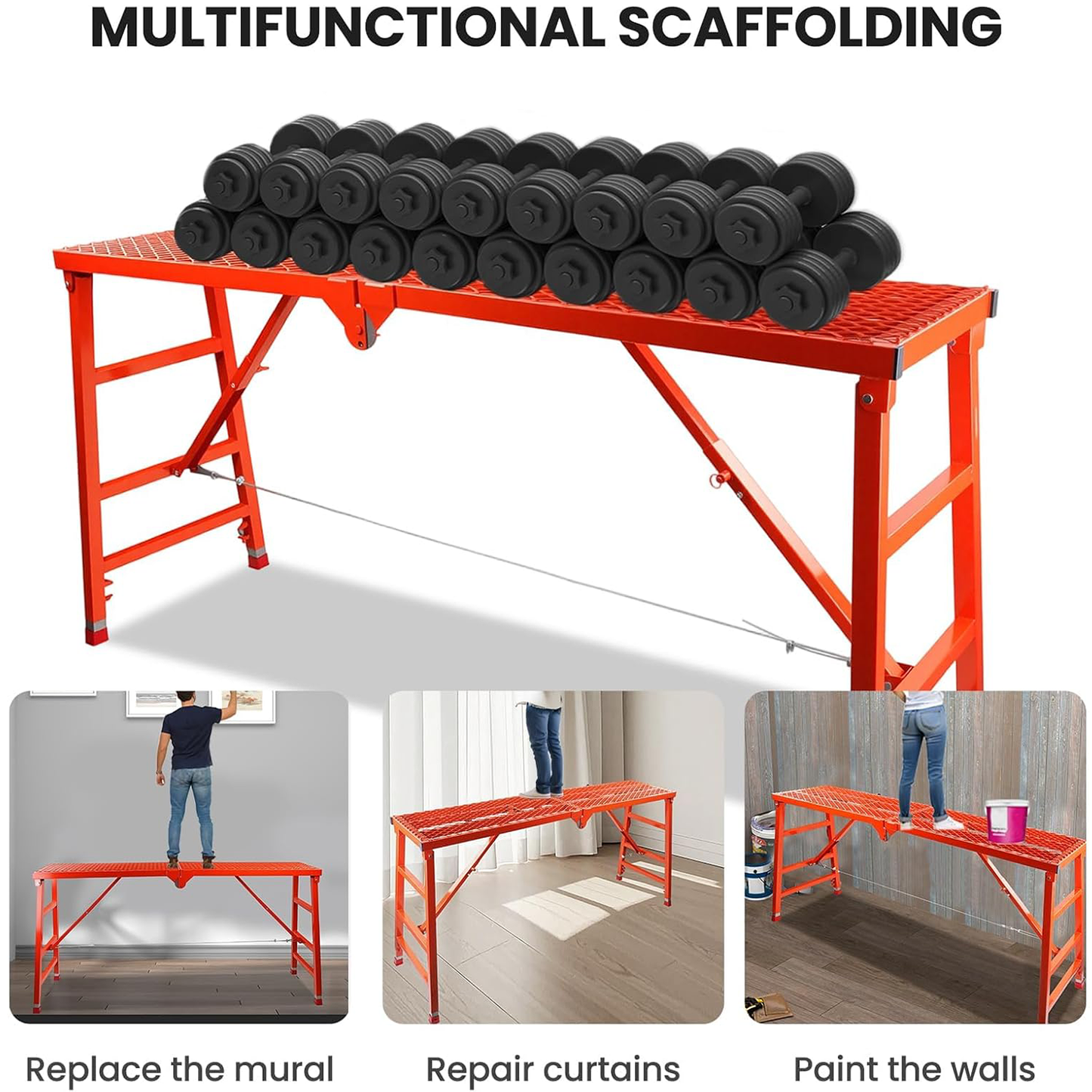 Maeklon Foldable Scaffolding Platform, 70.8x15.2x36.2-62 Inch Welded Steel Work Platform, 770 Lbs Capacity, Adjustable Height Industrial Step Ladders, Ideal for Painting, Wiring and Home Decor, Red