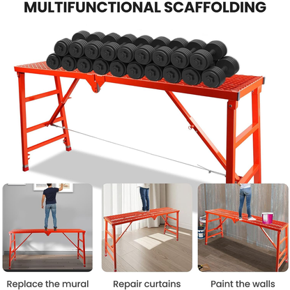 Maeklon Foldable Scaffolding Platform, 70.8x15.2x36.2-62 Inch Welded Steel Work Platform, 770 Lbs Capacity, Adjustable Height Industrial Step Ladders, Ideal for Painting, Wiring and Home Decor, Red