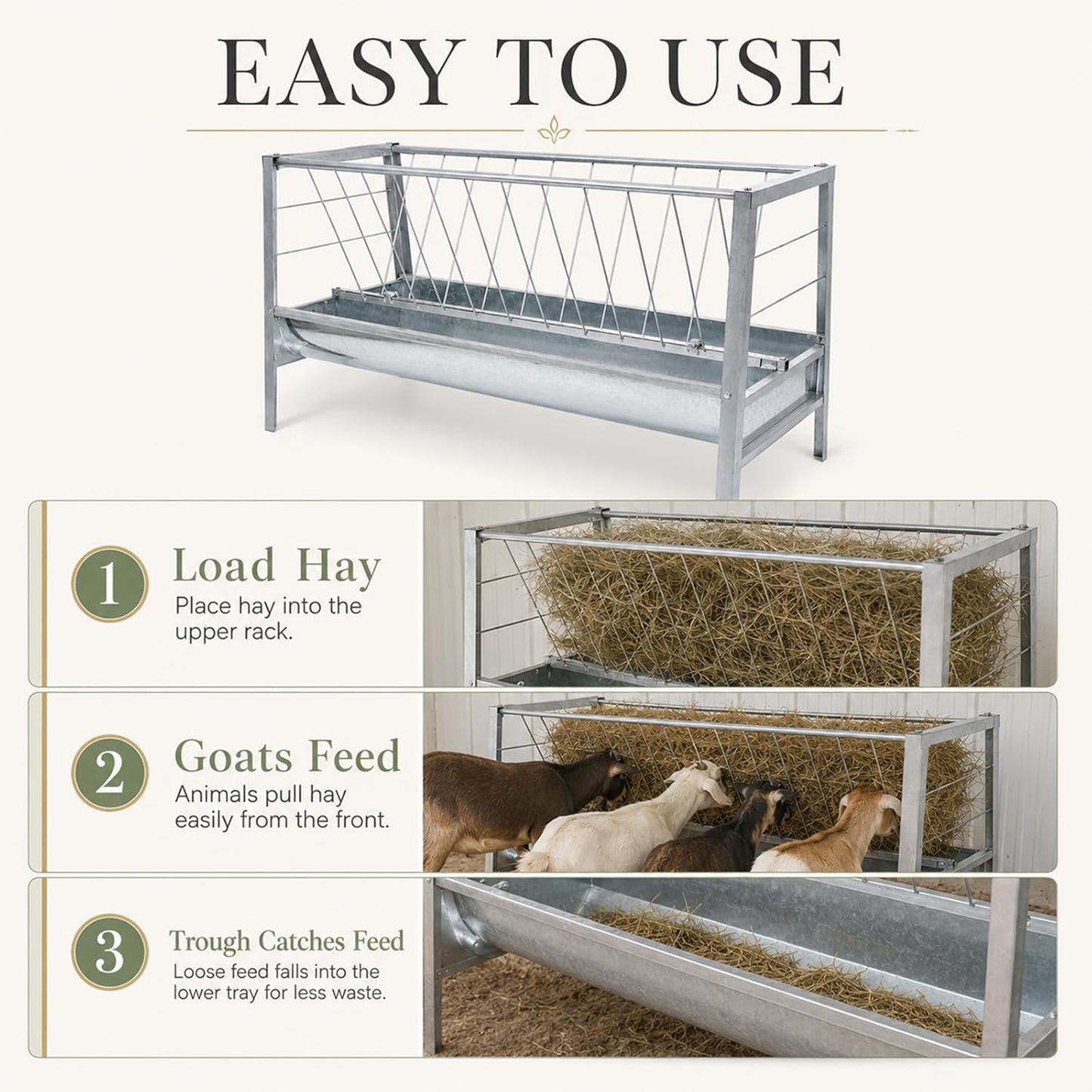 Maeklon 94 Gallon Livestock Hay Feeder, Large Capacity Outdoor Feed Storage Bin | 63" x 27.2" x 36.2" outdoor feeder with spacious hay storage for goats, horses, sheep and other livestock.