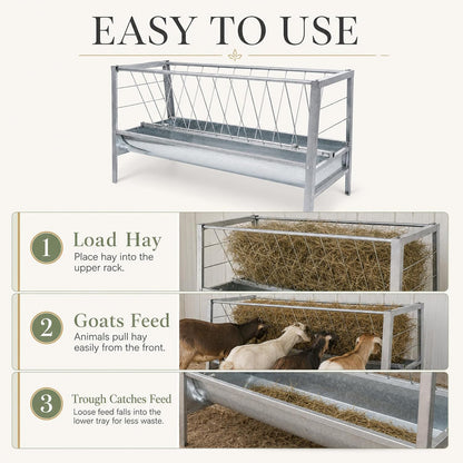 Maeklon 94 Gallon Livestock Hay Feeder, Large Capacity Outdoor Feed Storage Bin | 63" x 27.2" x 36.2" outdoor feeder with spacious hay storage for goats, horses, sheep and other livestock.