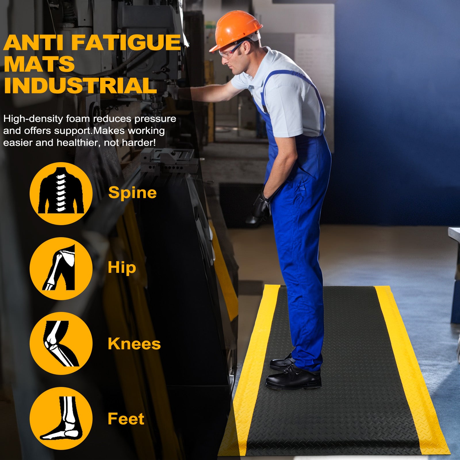 Maeklon 3 FT x 5 FT Anti Fatigue Mat, 15/16 Inch Thick Soft Sponge Ergonomic Mat, Non-Slip Industrial Grade Floor Mat, Easy to Clean, for Kitchen, Garage, Work, Shop, Black with Yellow Border