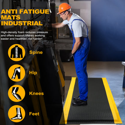 Maeklon 3 FT x 5 FT Anti Fatigue Mat, 15/16 Inch Thick Soft Sponge Ergonomic Mat, Non-Slip Industrial Grade Floor Mat, Easy to Clean, for Kitchen, Garage, Work, Shop, Black with Yellow Border