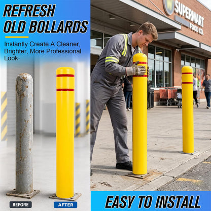 Maeklon Bollard Cover 5"x52" Yellow Safety Sleeve for Parking Posts | High Visibility Yellow Bollard Sleeve with Foam Padding Strips, Fits 5 Inch Posts for Parking Lots, Garages and Traffic Areas
