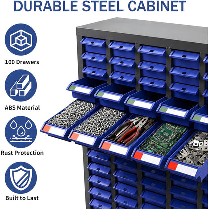 100 Drawer Parts Cabinet, Bolt and Nut Tool Storage Organizer | 25.6"x8.7"x45.3" Multi-Drawer Hardware Organizer for Screws, Fasteners and Small Parts in Garages, Workshops and Workbench
