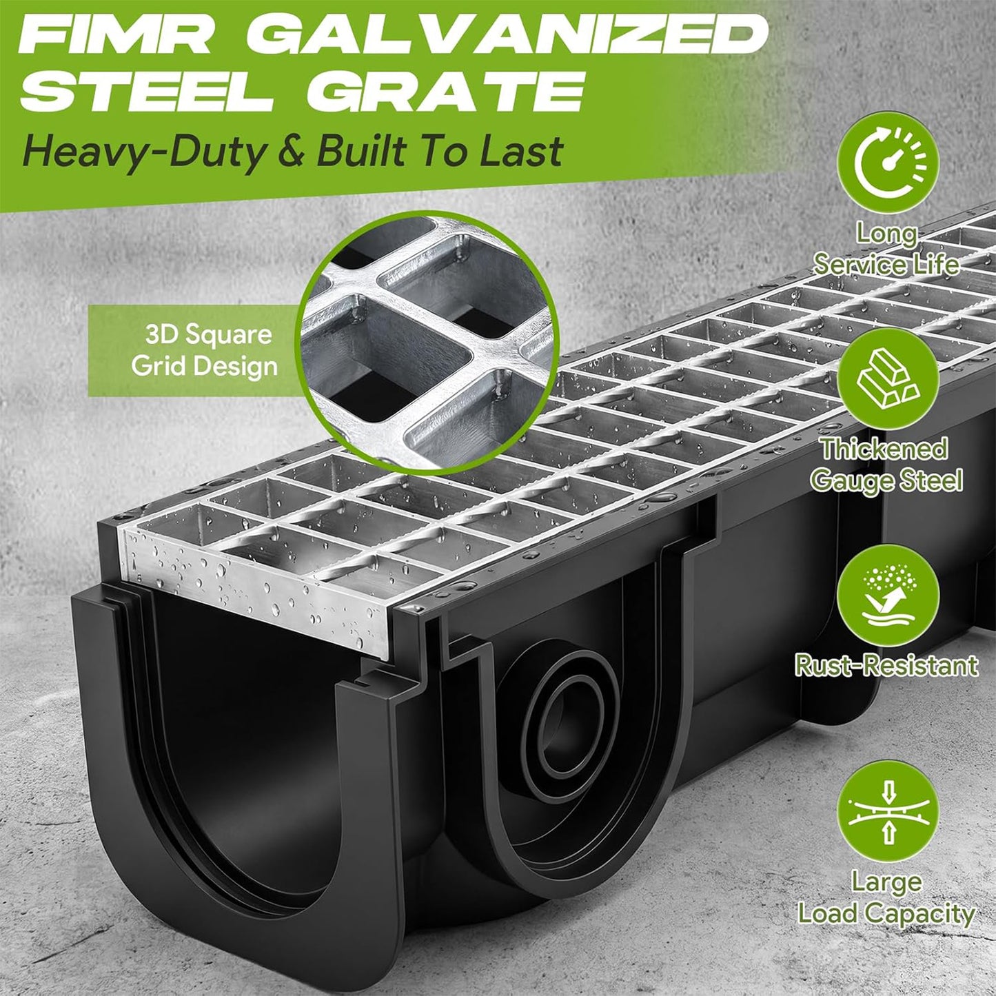 Maeklon 3 Pack 39.8 Inch Trench Drain Channel with Galvanized Steel Grate | 339.8"L x 6.1"W x 5.6"H Heavy Duty Linear Drainage Channel for Driveway, Patio, Garage and Landscape Water Drainage