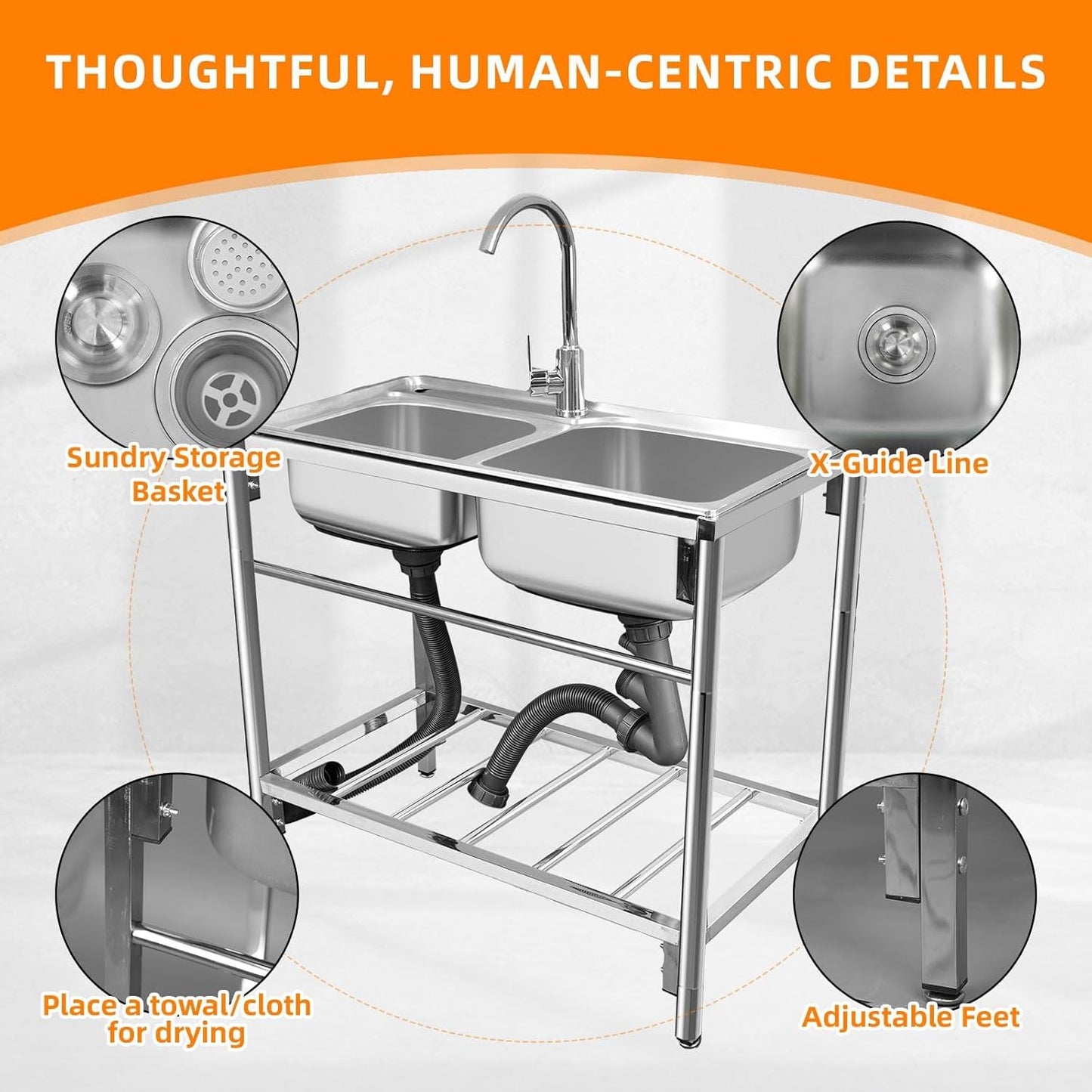 Maeklon Freestanding Double Bowl Sink, 31.5" x 16.9" x 29.5" Stainless Steel Kitchen Sink, Outdoor Utility Sink with Hot Cold Faucet, Ideal for Restaurant, Kitchen, Laundry, Garage